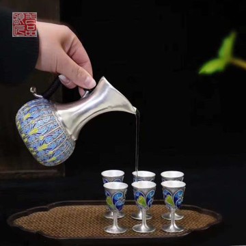 一品銀匠足銀分酒器酒具套裝999純銀手工琺瑯彩醒酒器家用商務禮