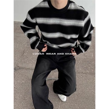 Lucah /重磅拼色條紋 高克重圓領長袖衛衣秋冬新款休閑寬松套頭男