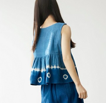 【手工藍染】方領褶皺 棉麻背心