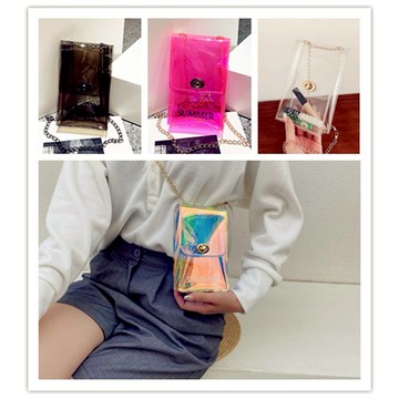 有間小鋪:防水手機包女 果凍透明包 鏈條包 斜背包 透明鐳射鏈條包 幻彩單肩鎖鏈包 立體透明手機包 透明防水手機袋女