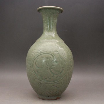 宋耀州窯 青釉刻花 玉壺春瓶 花口瓶 古董古玩仿古陶瓷器收藏擺件