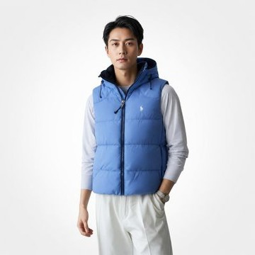 Polo Ralph Lauren RL 熱銷刺繡小馬可卸式連帽羽絨背心-藍灰色