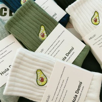 3雙 男女中筒襪子純棉潮流牛油果刺繡高橡筋羅口情侶毛圈底運動襪