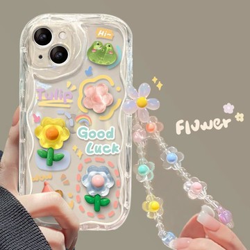 適用蘋果14PROMAX手機殼iPhone13奶油殼17花朵立體公仔鏈條防摔16
