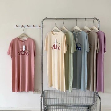 韓社涼感純棉懶人睡裙女夏季舒適休閑寬松家居服純色圓領短袖睡衣