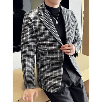 格子毛呢西裝外套男秋冬季厚款高級感商務休閑百搭修身呢子單西服