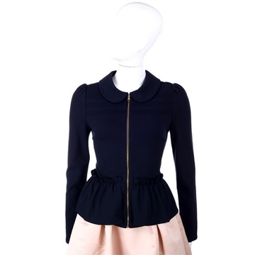 RED VALENTINO 娃娃領片抓褶細節藏青色拉鍊外套(M號)