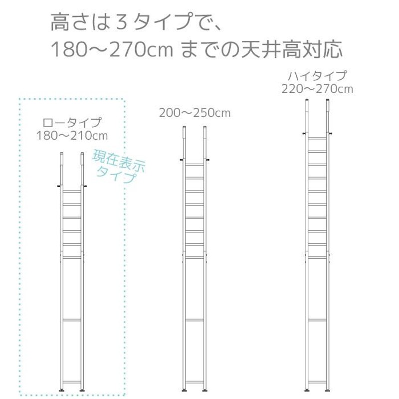 ランドリーラック 突っ張り スリム ホワイト ラダー 天井180〜210cm 棚