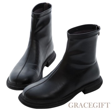 【Grace Gift】夾心鬆糕圓頭彈力靴 黑
