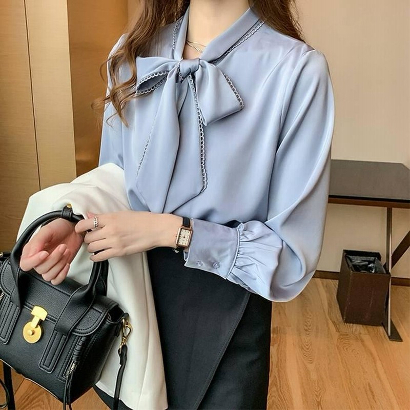 2color レディース ロマンティック ボウタイリボンブラウス トップス シャツ ブラウス 白シャツ 白トップス 長袖 リボン とろみ 青 ブルー 大人可愛い きれいめ 2color レディース ロマンティック ボウタイリボンブラウス