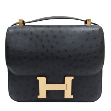 【二手名牌BRAND OFF】HERMES愛馬仕 黑色 鴕鳥皮 Constance 24 康康包 肩背包 C刻