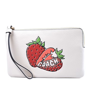 COACH 草莓印花荔枝紋皮革大手拿包-白色
