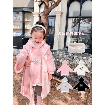 Amybaby女童加絨衛衣2025新款卡通套頭假兩件兒童加厚連帽外套潮
