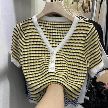 【雅韻衣櫥】大碼胖mm韓風chic港風條紋V領套頭冰絲針織衫夏季新款短T恤薄上衣
