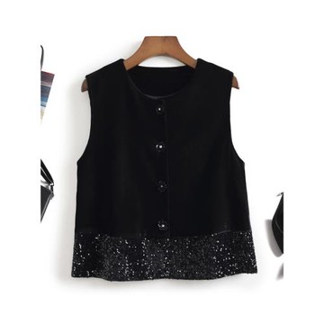 小巧精致！復古小香！重工亮片下擺拼接絲絨圓領無袖外套馬夾甲女