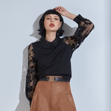 CLL巧玲瓏 微透網紗拼接針織上衣 0588610