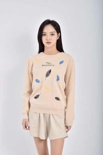 (S) 質感棉質刺繡羽毛針織杏色長袖上衣