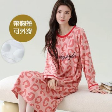 [韓國K.W.]韓國專櫃完美紳士帶胸墊長袖(睡裙/女睡衣/居家服/連身洋裝/洋裝)