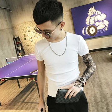 精神小伙純色白色打底衫短袖T恤男修身夏季緊身衣服韓版2024新款