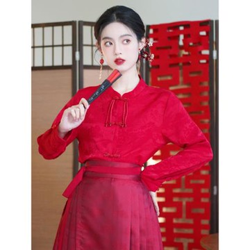 配馬面裙的襯衣女款春秋新中式氣質紅色上衣長袖國風內搭漢服襯衫