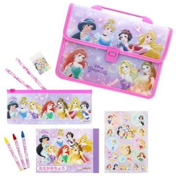 小禮堂 迪士尼 公主 文具組附手提收納包 (粉紫集合款)