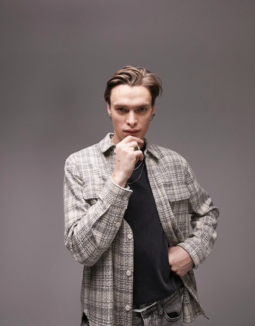 Topman long sleeve regular check boucle overshirt in ecru-White