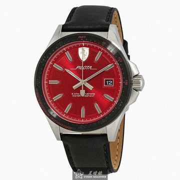 FERRARI手錶，編號FE00081，46mm銀圓形精鋼錶殼，紅色簡約， 中三針顯示， 運動錶面，深黑色真皮皮革錶帶款_廠商直送