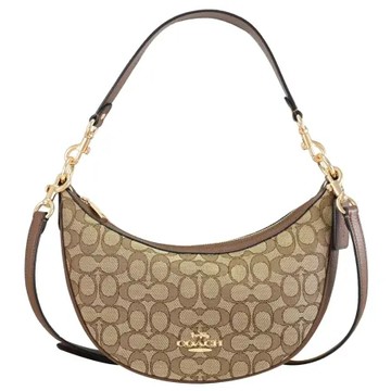 COACH CO997 ARIA 經典緹花拼接翻蓋兩用彎月包.駝/棕