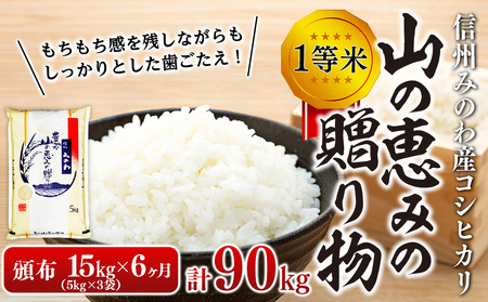 ６ヶ月連続お届け 定期便 信州産 コシヒカリ 1等米 「山の恵みの贈り物」 　15kg（5kg×3袋）　計90kg （ お米 コシヒカリ 白米 搗きたて米 低温貯蔵米 食品