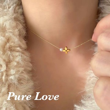 Pure Love樂芙 / 正韓 鈦鋼【316L醫療鋼】G01101四葉草花朵珍珠蛇骨鎖骨鏈 短項鏈 / 金