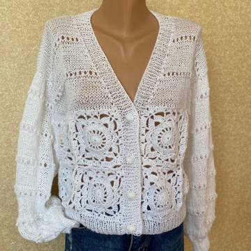 白色钩针婚礼开衫羊毛马海毛新娘夹克针织毛衣纽扣