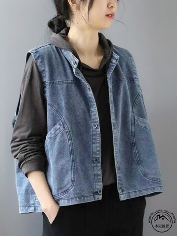 減齡工裝牛仔馬甲外套女士春夏季無袖薄上衣休閒舒適百搭短款馬夾流行女裝【木屋雜貨】