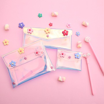 網紅筆袋筆盒透明鐳射流沙文具袋小號零錢包卡包可愛小花化妝包