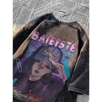 人物印花做舊短袖t恤男夏季寬松青少年半袖體恤潮牌潮流美式衣服