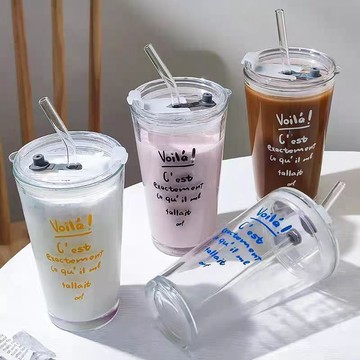 🔥臺灣出🔥ins杯子玻璃高顏值水杯咖啡杯吸管玻璃杯字母印花家用牛奶玻璃杯