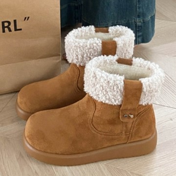 【現貨出清】雪靴．休閒素色拼接羊羔毛圓頭厚底短靴