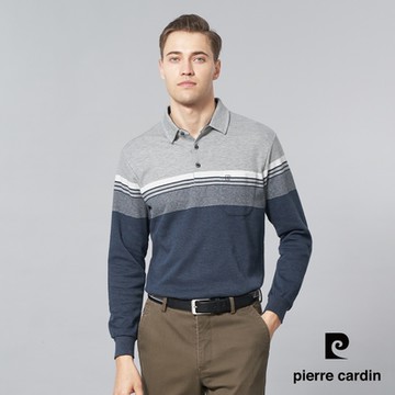 pierre cardin 皮爾卡登 男款 棉質混紡刷磨毛定位條長袖POLO衫-灰色(5245278-96)