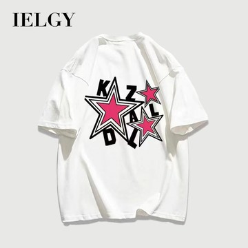 IELGY 男士純棉 T 恤時尚印花粉色星星短袖