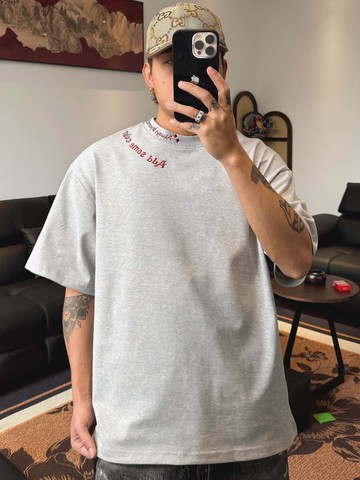 原創美式重磅t恤潮男短袖夏季新款領口雙刺繡半袖圓領體恤【木屋雜貨】