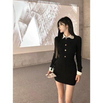 黑色假兩件針織連衣裙子女收腰氣質高級感修身包臀襯衫短裙秋冬季