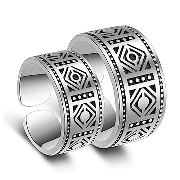 I.Dear飾品-老九門-佛爺菱形復古圖騰情侶可調節開口鍍銀戒指