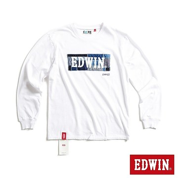EDWIN 男款 再生系列 牛仔拼接印花LOGO長袖T恤(白色)