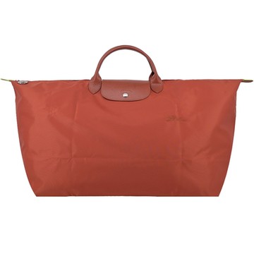 LONGCHAMP LE PLIAGE GREEN系列刺繡短把再生尼龍摺疊旅行袋(特大/栗子紅)