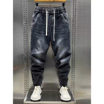 男士潮牌牛仔褲秋季新款直筒寬松水洗淺色休閑小腳九分工裝褲哈倫