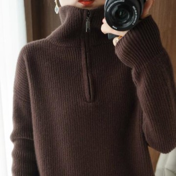 2025秋冬新款羊毛衫女拉鏈半開高翻領加厚毛衣純羊毛針織寬松套頭