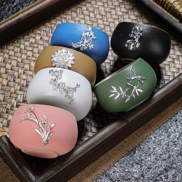 六色粗陶茶杯主人杯銀飾喝茶杯子功夫茶具品茗杯單杯手工鑲銀陶瓷