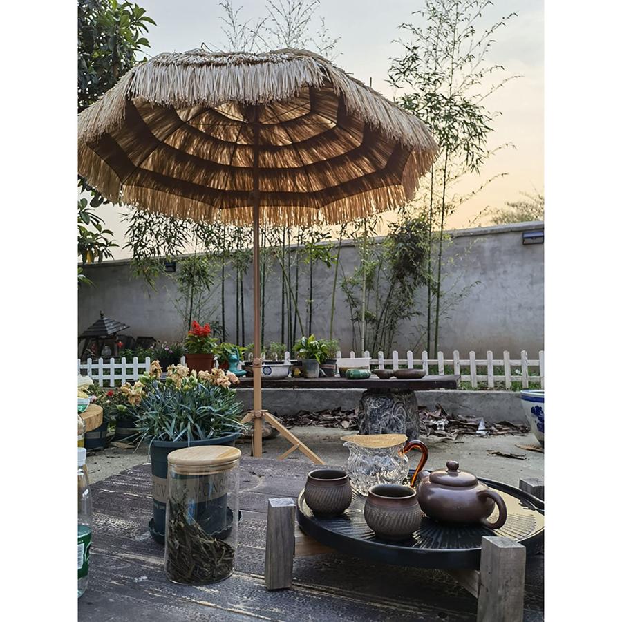 200cm Thatch Patio Umbrella, Tropical Hawaiian Beach Straw Parasol Umbrella With Tilt, Straw Top With Sun Shade Fabric, For Outdoor, Sunshade, Gardens