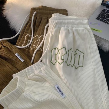 秋季款運動褲男燈芯絨束腳九分褲字母印花休閑褲秋季新款潮牌衛褲