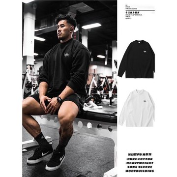 潮牌健身長袖T恤寬松大碼男女春秋季圓領衛衣運動重磅純棉VERMANN