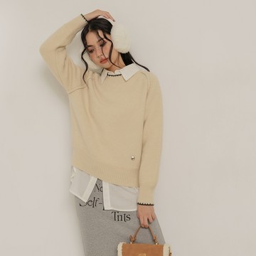 微笑銀片滾邊毛衣-杏【KT224161】